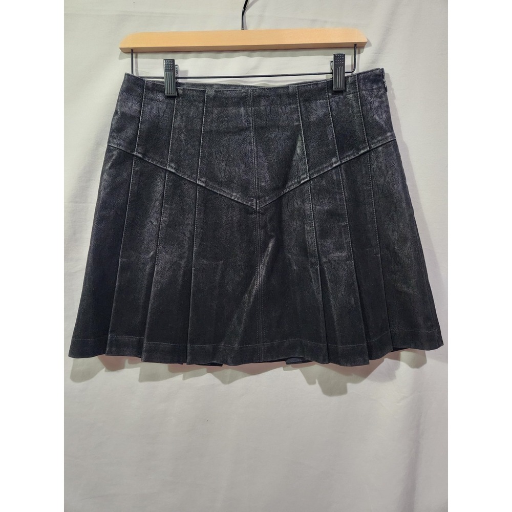 Free People Mini Skirt Womens 10 Black Pleated Vegan Leather High Rise‎ Size Zip